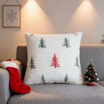 Faux Rabbit Fur Pillowcase with Christmas Tree Embroidery - Living Room Sofa Cushion Cover for Festive Christmas Ambiance