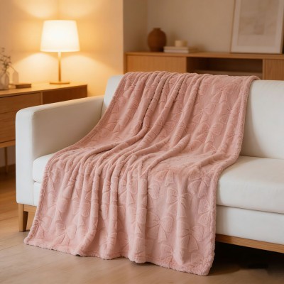 Fluffy Bow Jacquard Rabbit Fleece Throw Blanket, Portable Machine Washable Sofa & Nap Blanket